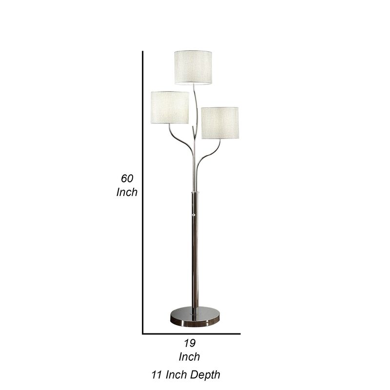 Indi 60 Inch Floor Lamp, 3 Drum Fabric Shade, Round Metal Base, Silver-Benzara