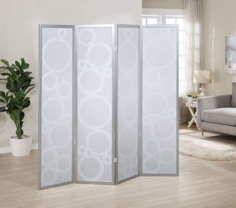 Streamdale 4-Panel Wood Room Divider with Circle Pattern, Silver