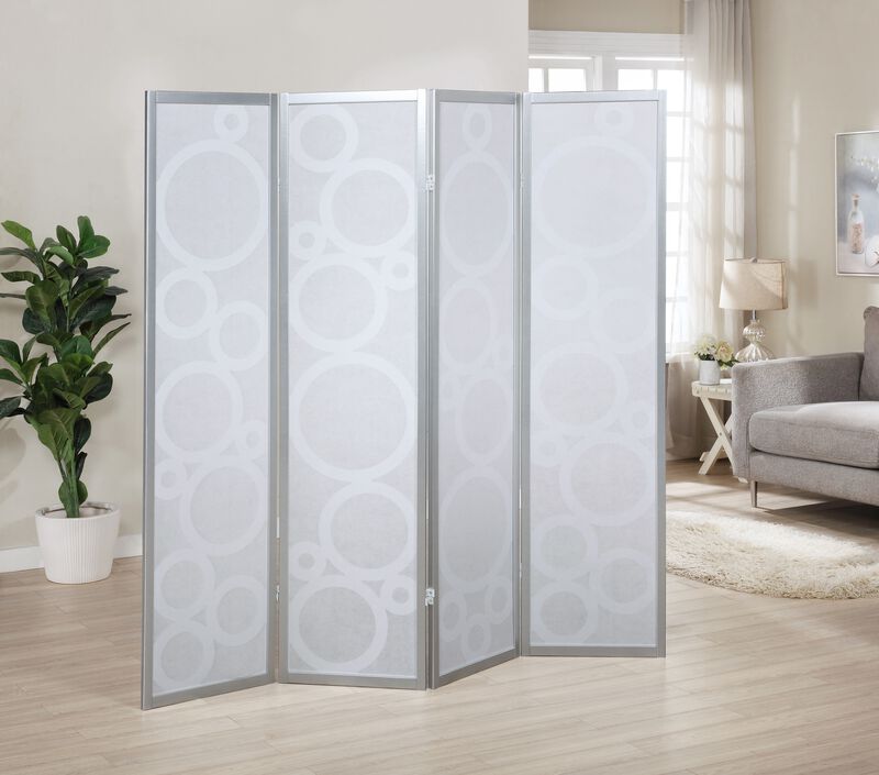 Streamdale 4-Panel Wood Room Divider with Circle Pattern, Silver