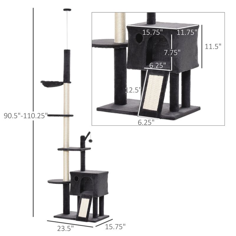 Dark Grey Cat Paradise: 110" Floor-to-Ceiling Climbing Toy with Hammock