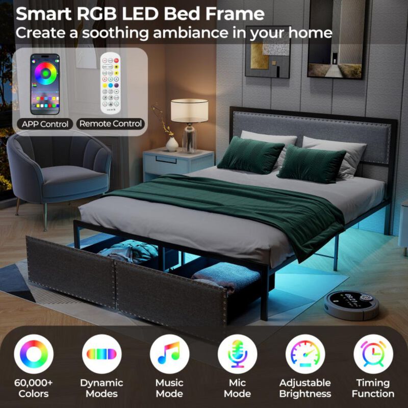 Hivvago Bed Frame with LED Lights Drawer and Metal Slats