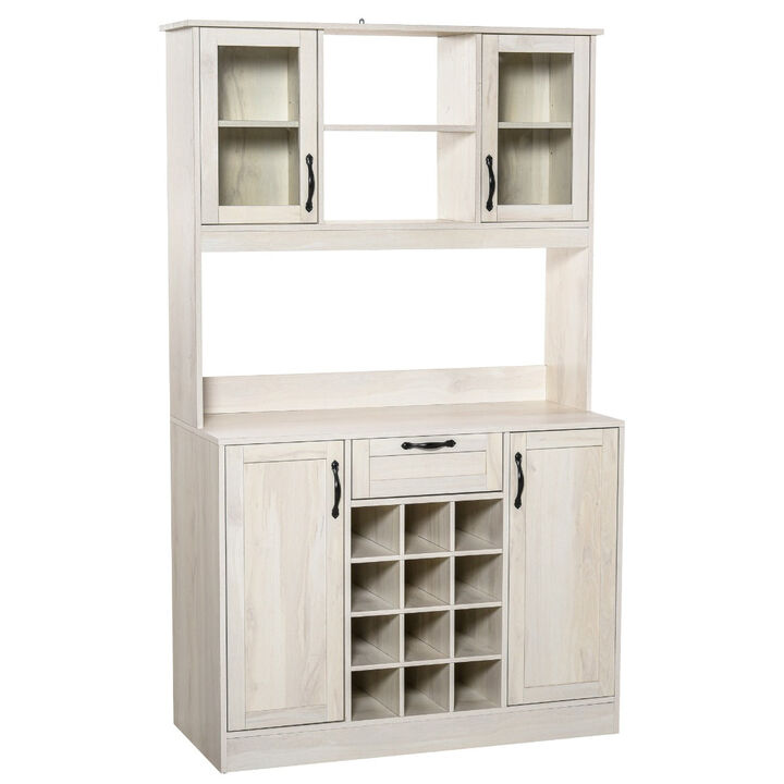 White Kitchen Storage: Buffet Hutch with Drawer, Cabinets, and Wine Rack