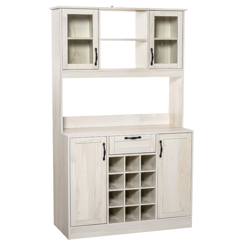 White Kitchen Storage: Buffet Hutch with Drawer, Cabinets, and Wine Rack