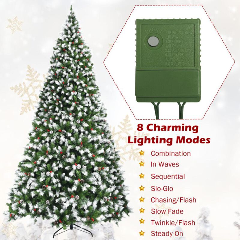 Hivvago 7.5/9 FT Pre-lit Snow Flocked Christmas Tree with Red Berries and 8 Lighting Modes