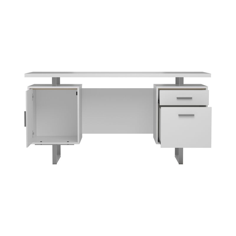 Wooden Office Desk with Floating Top and File Cabinet, White-Benzara