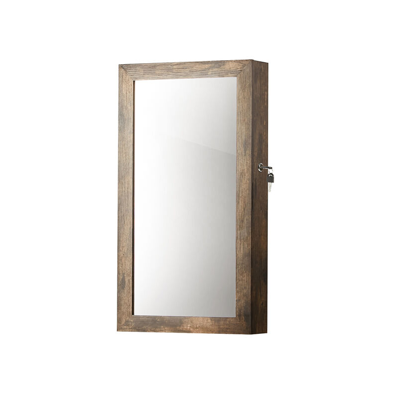 Space-Saving Wall-Mounted Jewelry Cabinet with Mirror and Lock - Rustic Brown Finish