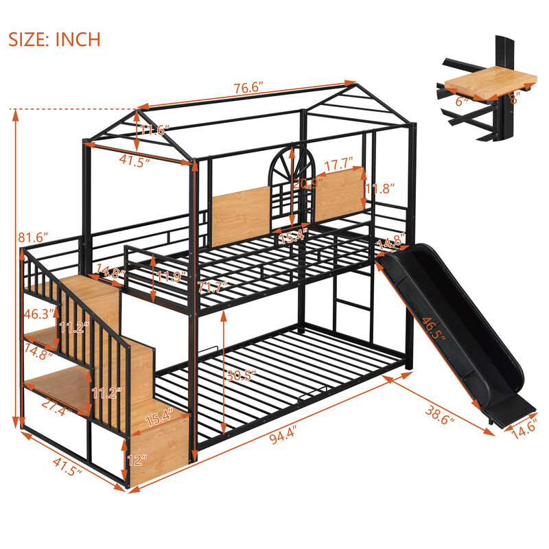 Twin Over Twin Metal Bunk Bed, Metal Housebed With Slide And Storage Stair Withslide
