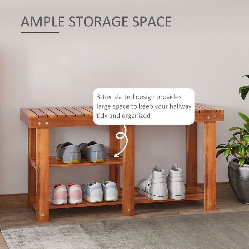 Teak Entryway Organizer: 3-Tier Acacia Wood Shoe Storage Bench