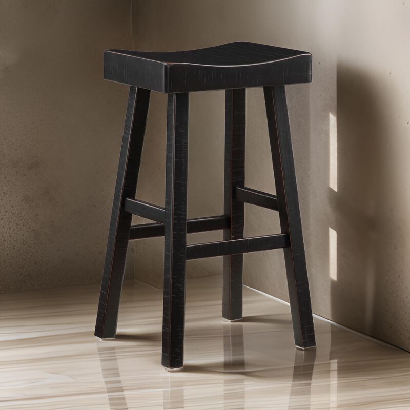 Casy 30 Inch Bar Height Stool, Saddle Seat, Black Rubberwood, Set of 2 - Benzara