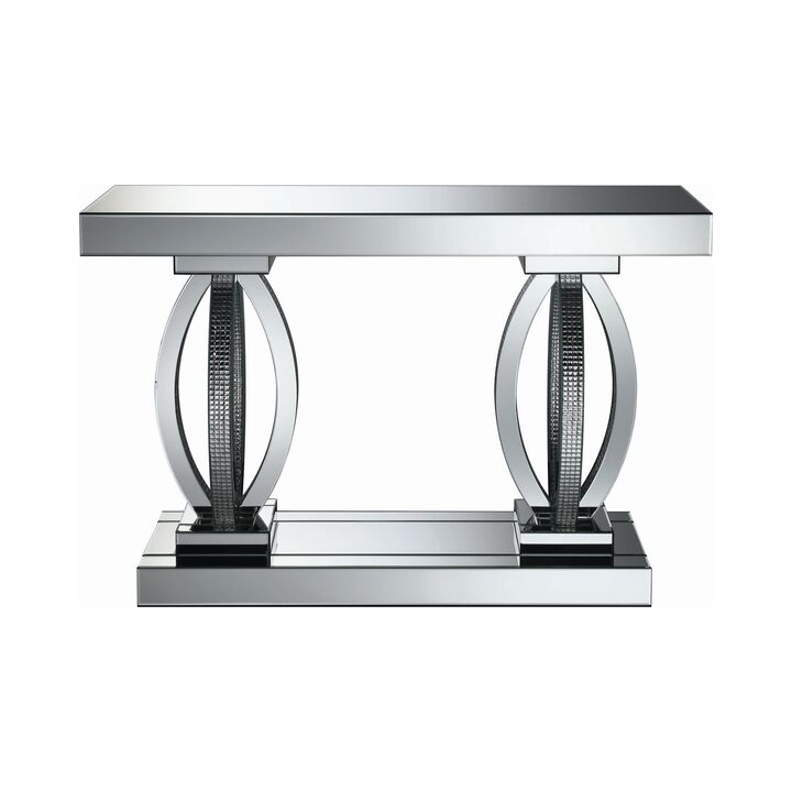 Mirrored Wooden Sofa Table with Curved Base and 1 Open Shelf, Silver-Benzara