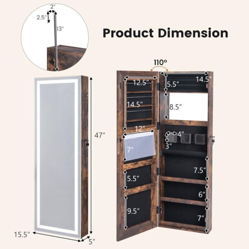 Hivvago Mirrored Jewelry Armoire with Full Length Mirror and 2 Internal LED Lights