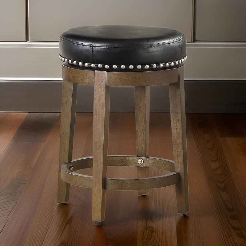Bara 25 Inch Swivel Counter Stool, Black Round Faux Leather, Brown, Set of 2 - Benzara
