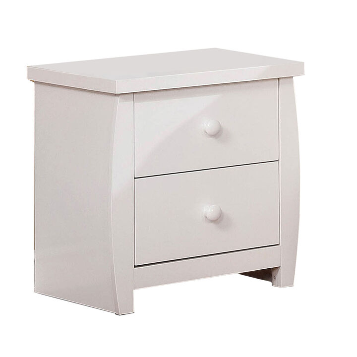 Wooden Nightstand with 2 Drawers and Curved Sides, White-Benzara