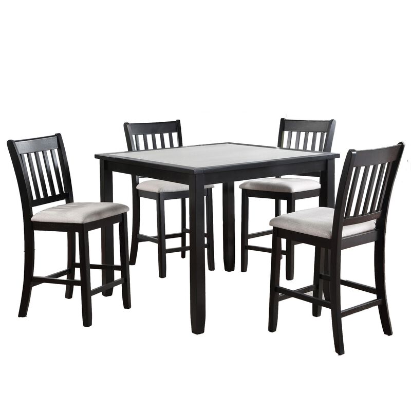 Nick 5 Piece Counter Height Dining Table and Chairs Set, Black, White - Benzara