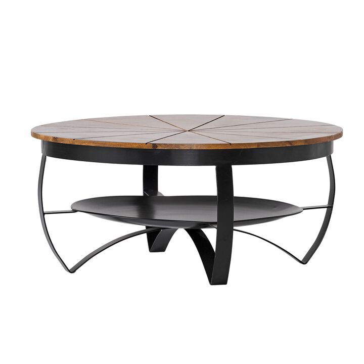 Coffee Table, 36 Inch, Round Mango Wood Top, Iron Curved Legs, Brown - Benzara