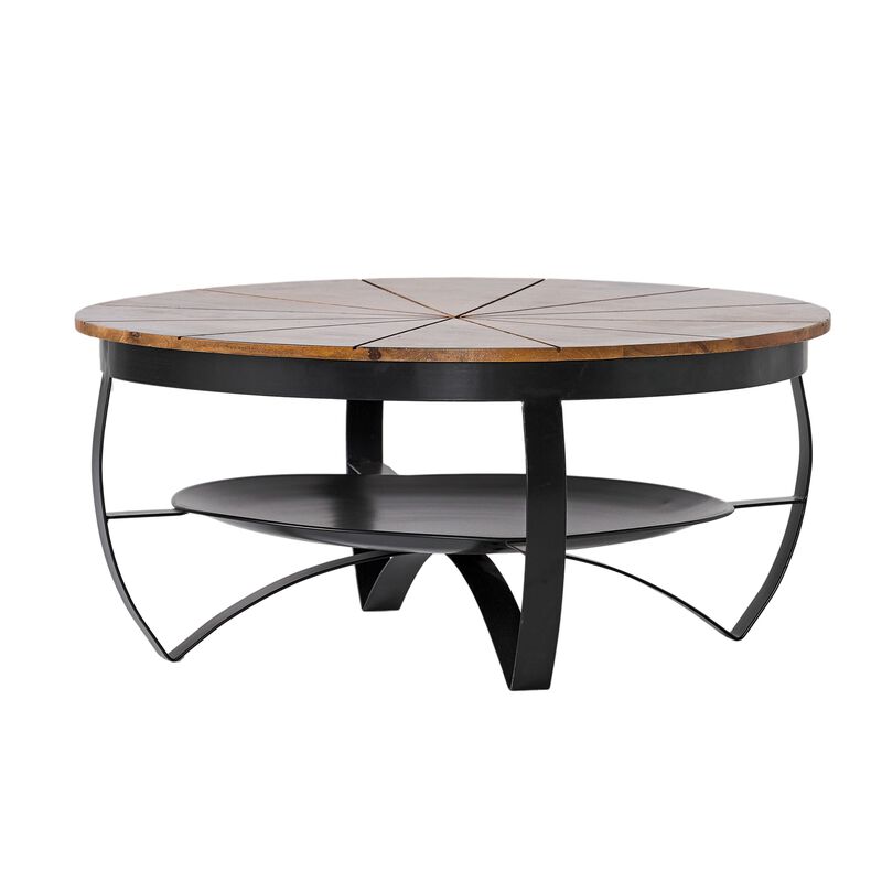 Coffee Table, 36 Inch, Round Mango Wood Top, Iron Curved Legs, Brown - Benzara