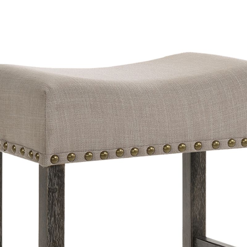 Wooden Counter Height Stool with Linen Upholstered Saddle Seat, Set of 2, Beige and Gray-Benzara