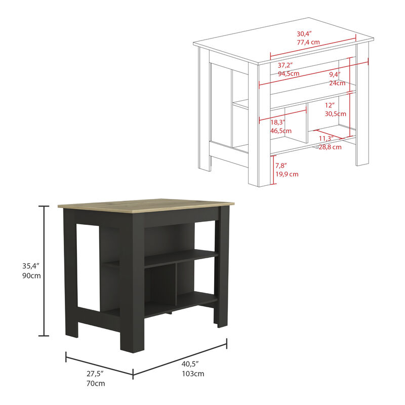 Streamdale Cala Kitchen Island, Four Legs, Three Shelves - Black Light Oak