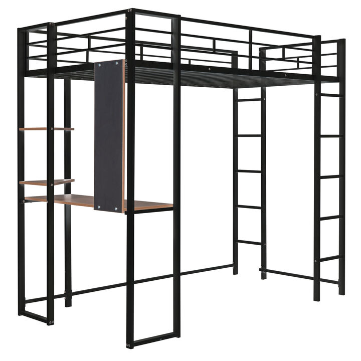 Twin Metal Loft Bed With 2 Shelves And One Desk