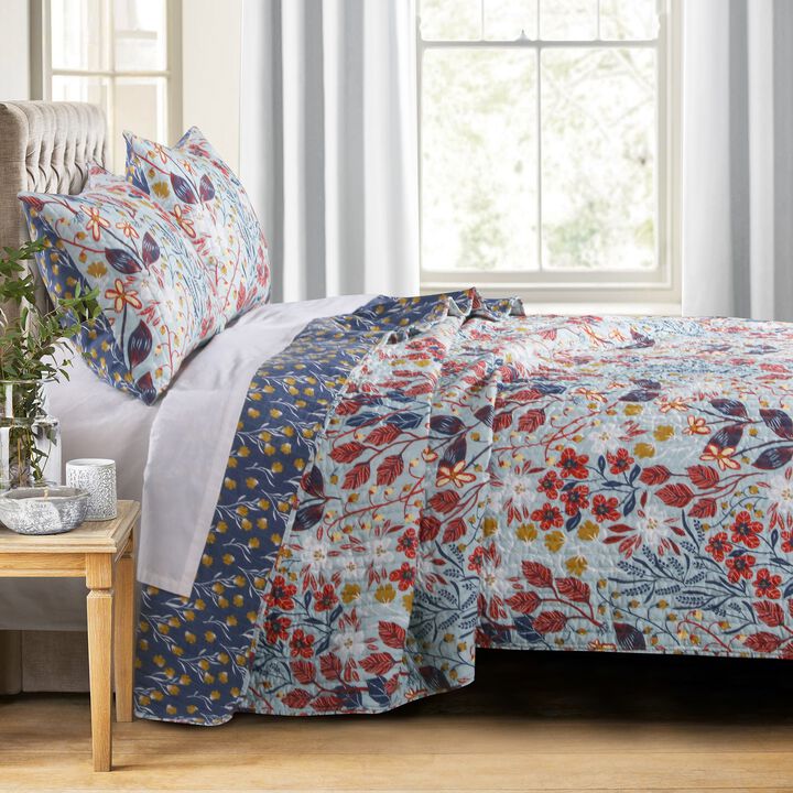 King Size 3 Piece Polyester Quilt Set with Floral Prints, Multicolor - Benzara