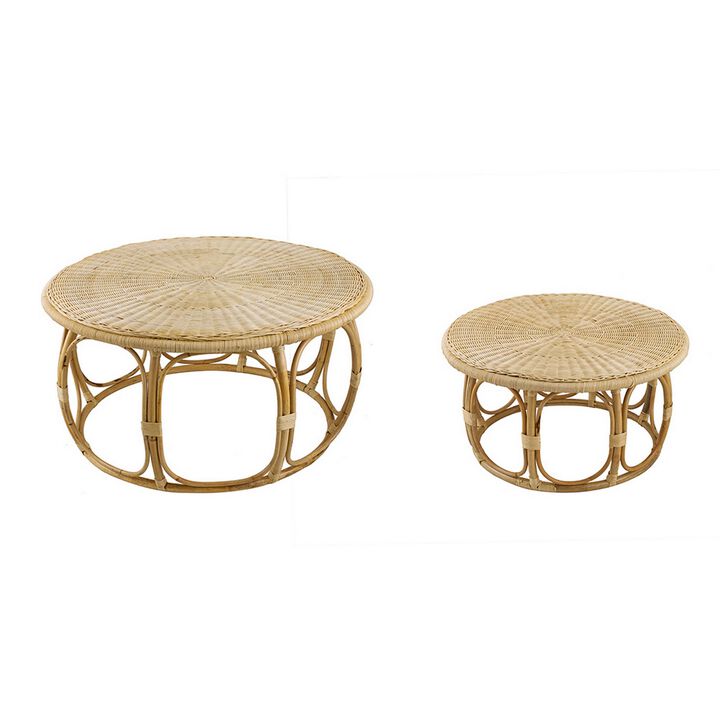 32, 40 Inch Coffee Table Set of 2, Round Tops, Handwoven Rattan, Brown - Benzara