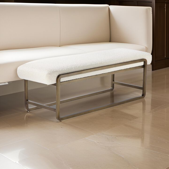 Loer 54 Inch Modern Accent Bench, Ivory Boucle Upholstery, Sled Brass Legs - Benzara