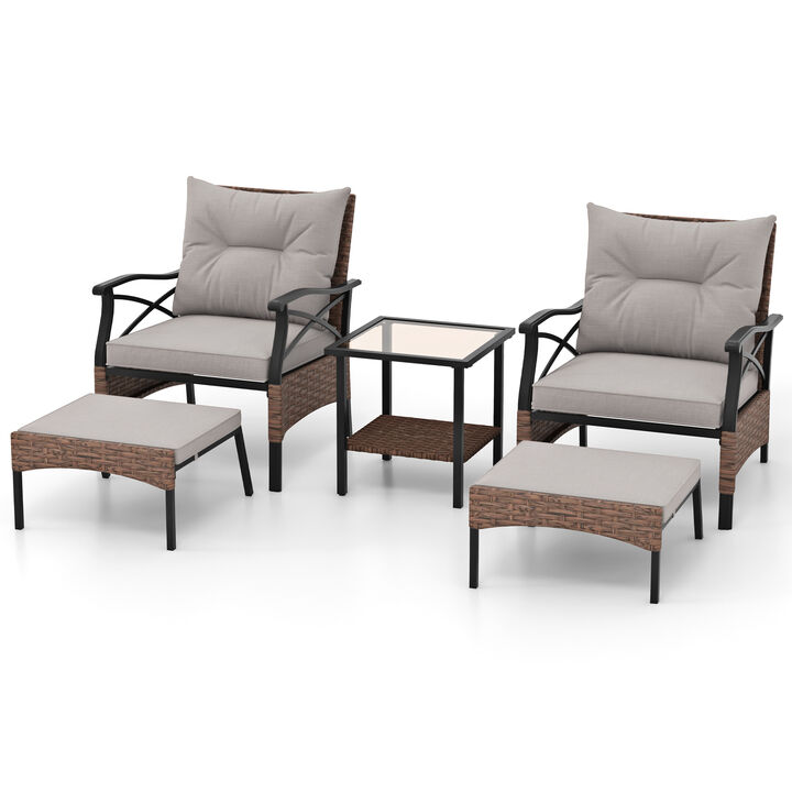 5-Piece Wicker Patio Furniture Set with Ottomans, Cushions, and 2-Tier Tempered Glass Side Table