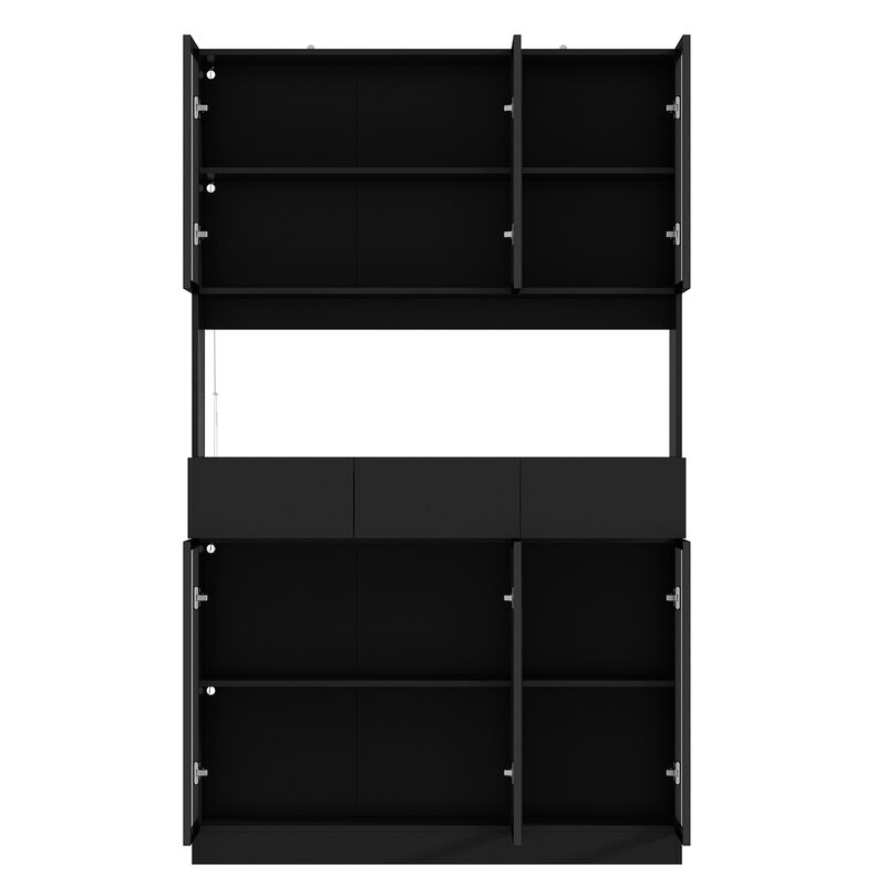 Black Wood 47.2 in. W Buffet Food Pantry W/Hutch, Glass Doors, Adjustable Shelves, LED Lights (14.2 in. D x 78.7 in. H)