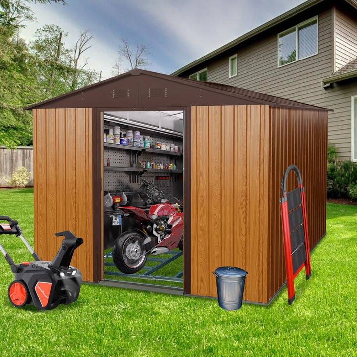 10FT X 8FT Outdoor Metal Storage Shed With Metal Floor Base, Coffee