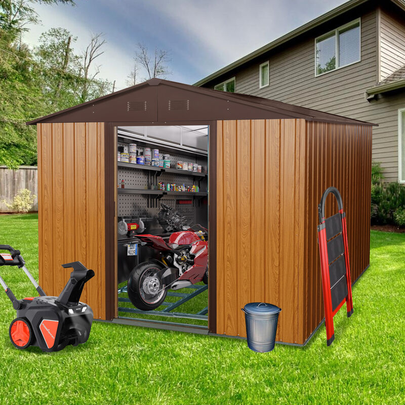 10FT X 8FT Outdoor Metal Storage Shed With Metal Floor Base, Coffee
