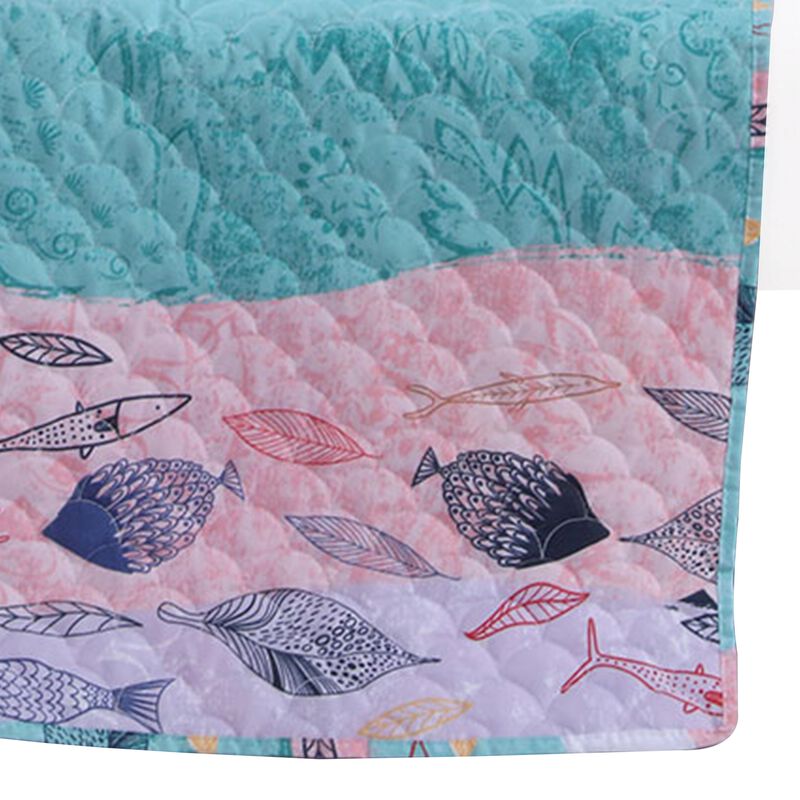 Wini 50 x 60 Inch Quilted Throw Blanket with Fill, Mermaid, Blue, Pink - Benzara