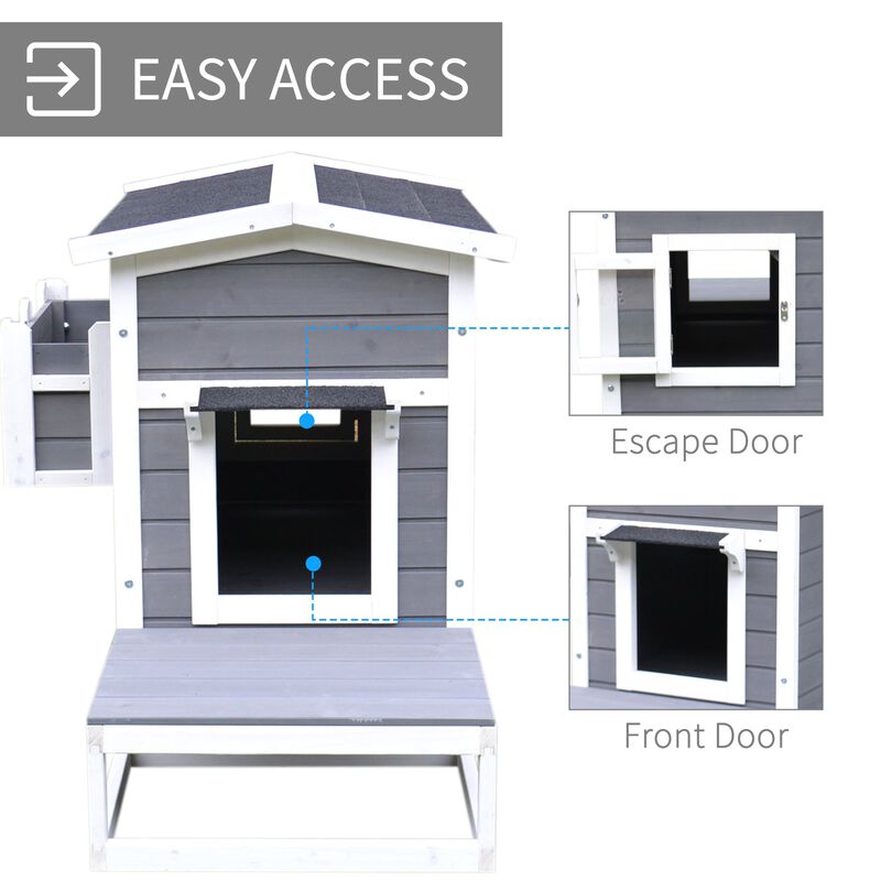 Feline Safe Haven: Dark Grey/White Outdoor Cat House with Escape Door