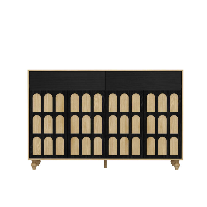 FUFU&GAGA Black and Natural Arch-Design Storage Cabinet with Dual Swing Doors (59" W x 39.3" H x 15.7" D)，Brown