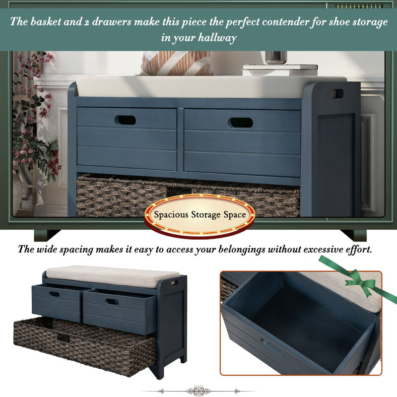 Storage Bench With Removable Basket And 2 Drawers, Fully Assembled Shoe Bench