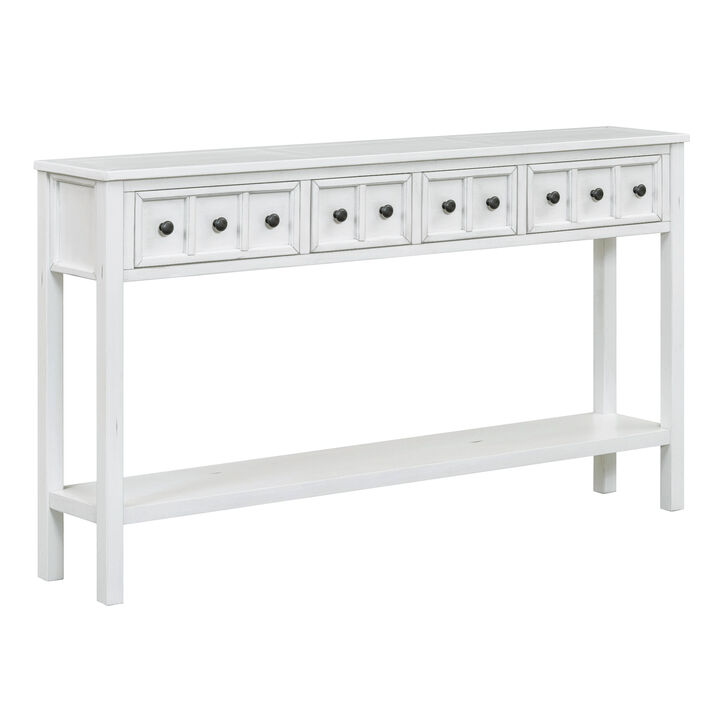 Antique White Console Table with Drawers and Shelf, 60" Long