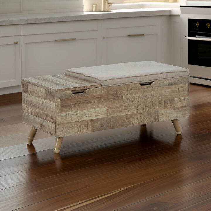 Gimi Storage Bench, Light Brown Wood, Beige Polyester Foam Cushion, 39 Inch - Benzara