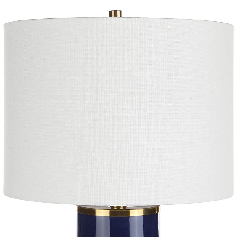 26 Inch Modern Table Lamp, Hardback Linen Shade, Ceramic Body, Blue, Gold-Benzara