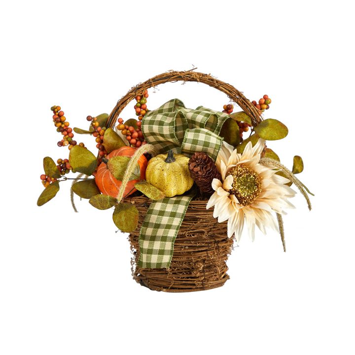 Nearly Natural 16-in Fall Pumpkin Gourds and Berries Artificial Autumn Arrangement