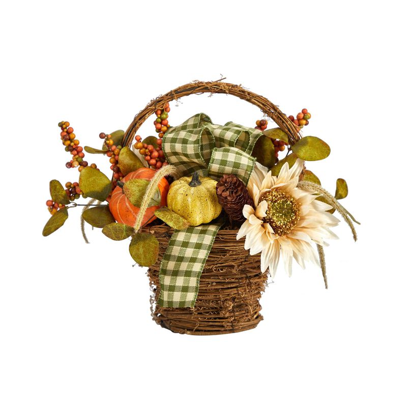 Nearly Natural 16-in Fall Pumpkin Gourds and Berries Artificial Autumn Arrangement