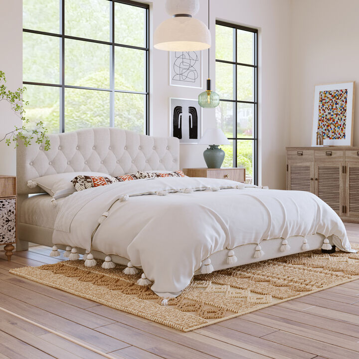 Upholstered Platform Bed With Saddle Curved Headboard And Diamond Tufted Details, King