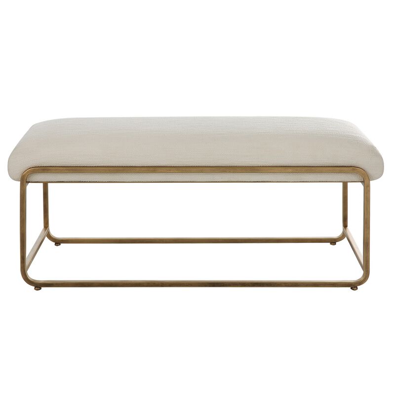 47 Inch Accent Stool, Cushioned, Antique Brushed Brass Frame, Off White - Benzara