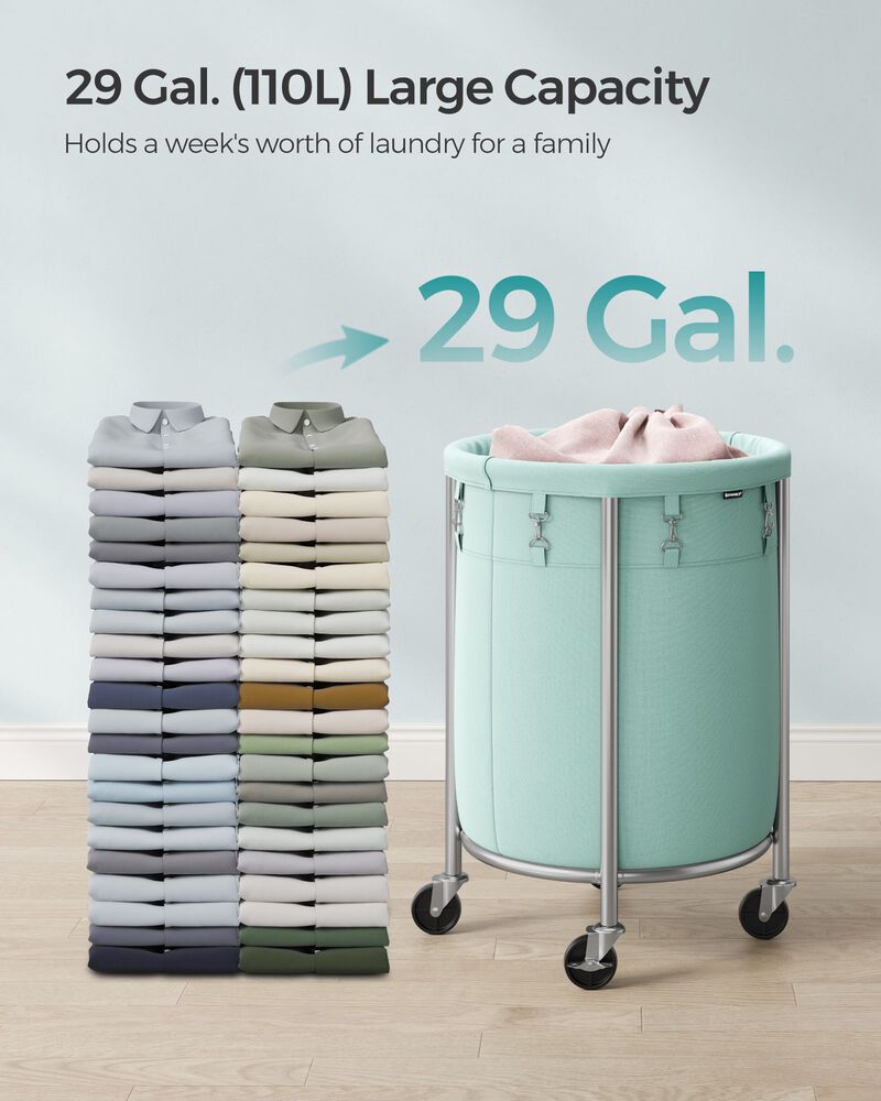 Laundry Basket with Wheels and Removable Bag, Steel Frame, 4 Casters and 2 Brakes