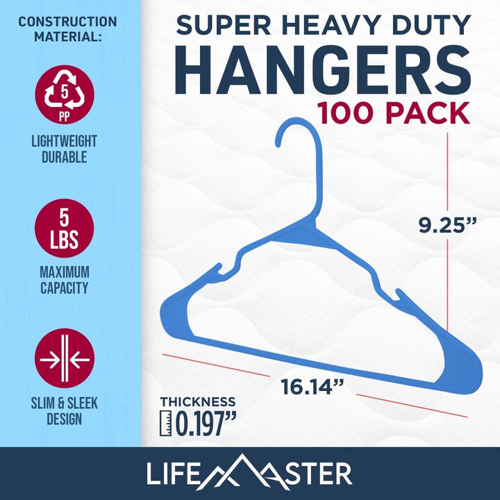 Lifemaster Plastic Clothes Hangers – Heavy Duty Hanger Set, For Organizing Clothes, Dresses, and Coat, Holds Up To 5 lbs, Space-saving Hangers with Non-Slip Shoulder Grooves, Pack of 100, Blue