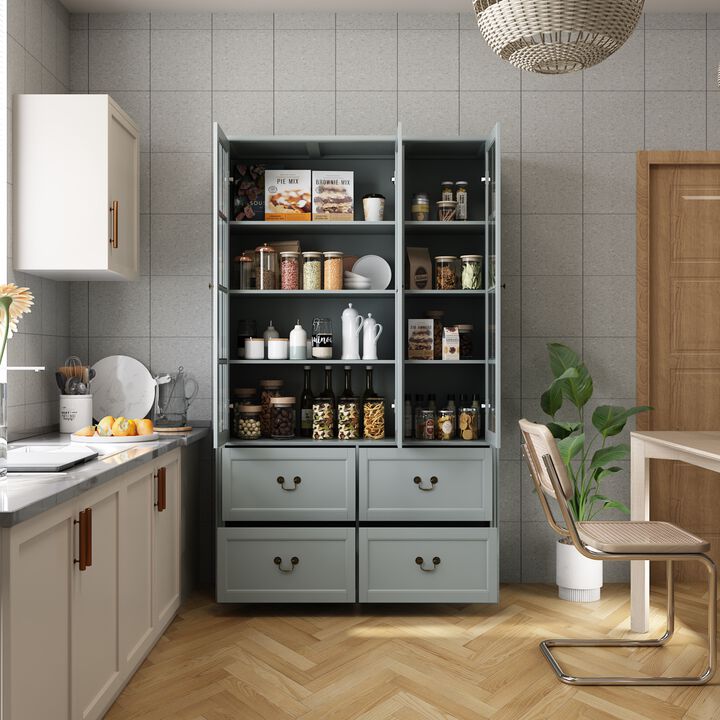 47.2 in. W x 78.7 in. Tall 8-Shelf Gray Wood Standard Bookcase Bookshelf With Glass Doors, Adjustable Shelves, Drawers