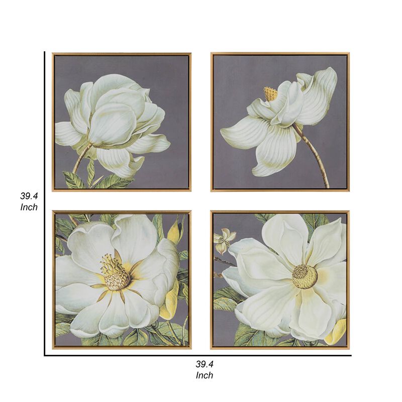 Nia 20 x 20 Flower Wall Art Set of 4, White, Green Microfiber, Pine Wood - Benzara