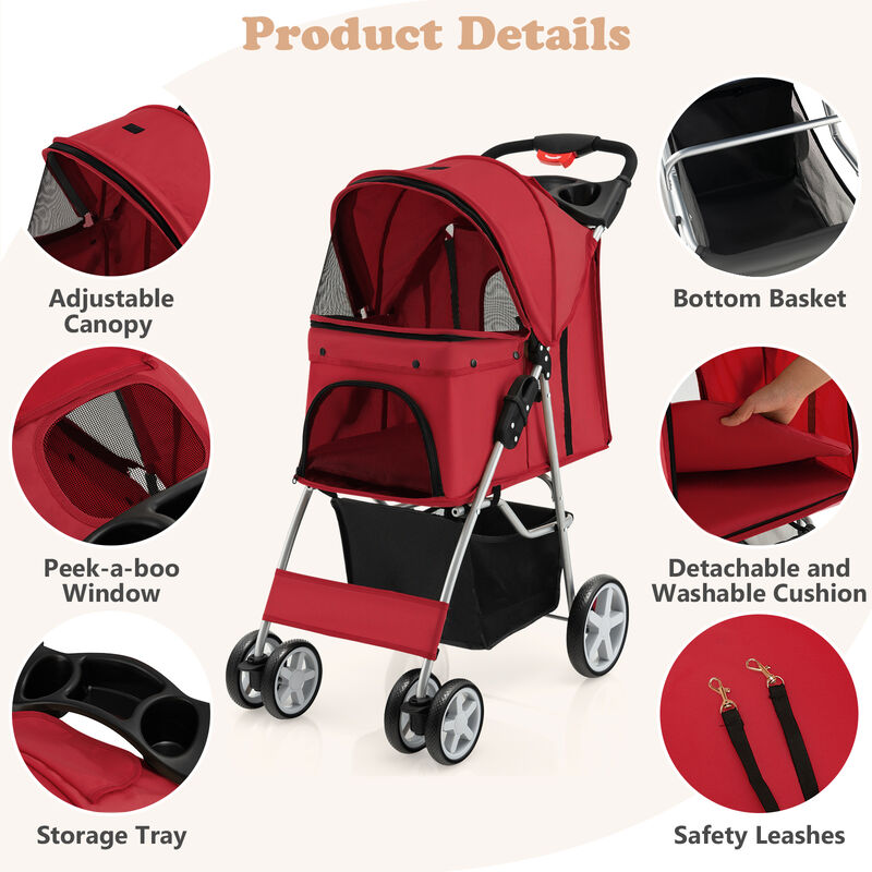 Folding Pet Stroller with Storage Basket and Adjustable Canopy-Gray