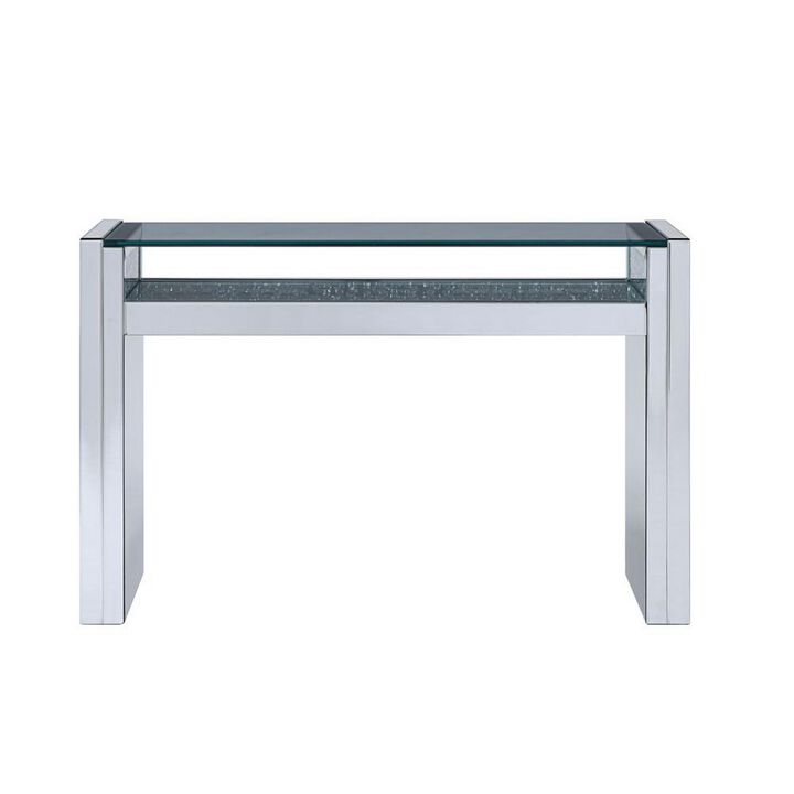 Wood and Mirror Sofa Table with Studded Faux Crystals, Clear-Benzara