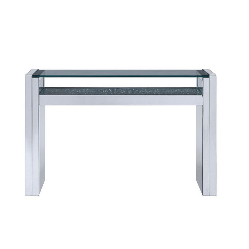 Wood and Mirror Sofa Table with Studded Faux Crystals, Clear-Benzara