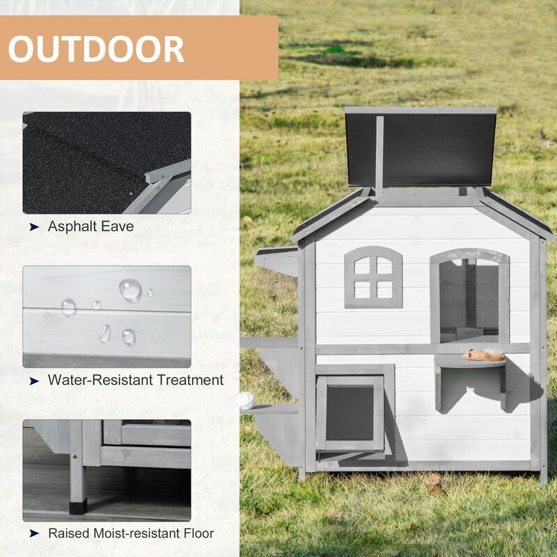 White Outdoor Cat Home: 2-Story Shelter with Escape Door and Platforms