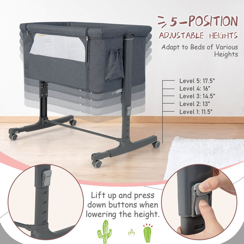 Portable Baby Bedside Bassinet with 5-level Adjustable Heights and Travel Bag